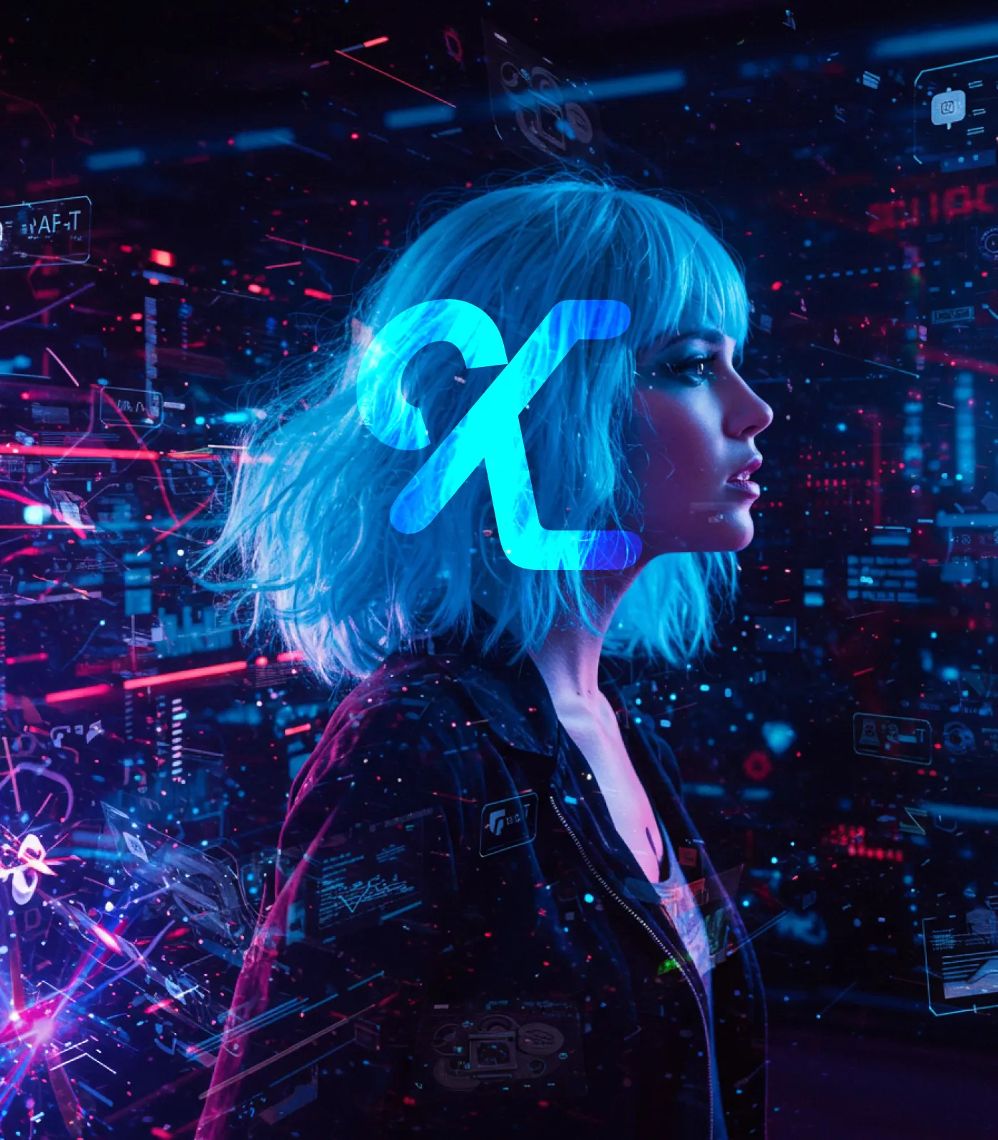 ネオンカラーとデジタルイメージが融合した背景に移る女性の横顔