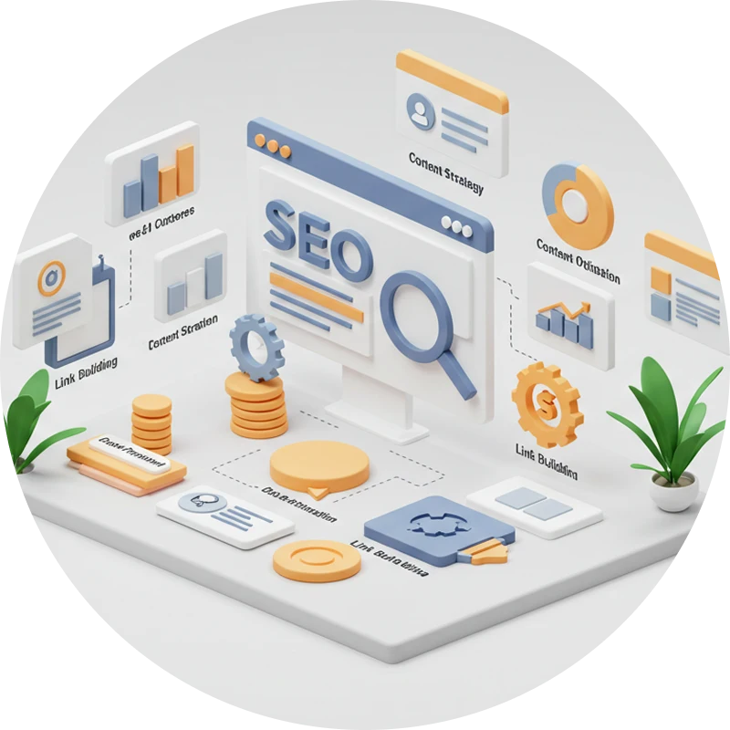 SEO戦略を視覚的に表現した3Dイラスト。リンク構築や最適化の要素が配置されている