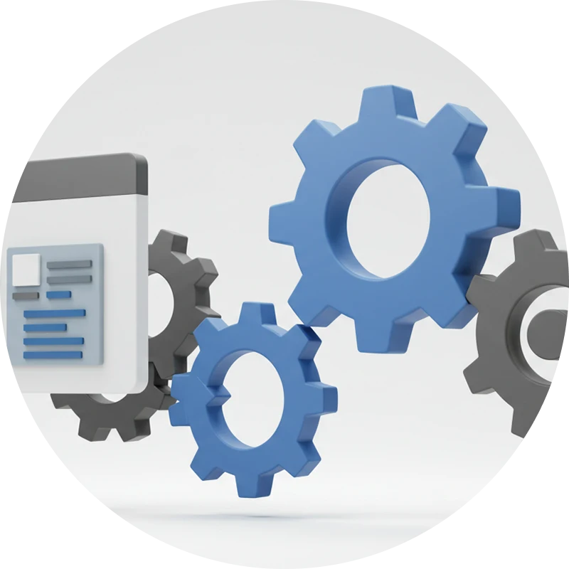 回転する歯車とウェブページの3Dイラスト。システムの連携を表現